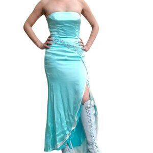 Jovani Beyond blue silk beaded high slit prom strapless size 6